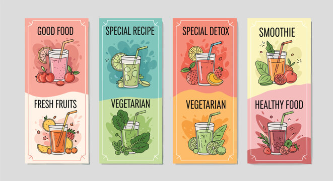 Healthy food vertical banners set featuring fruit smoothies fresh juices and vegetarian detox recipes with hand drawn artistic style illustrations.