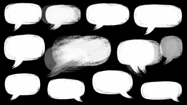 Comic-style thought bubbles with varying textures against a black backdrop