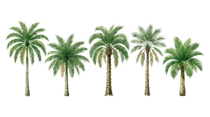 Obraz premium Collection of five diverse tropical palm trees exhibiting various heights and leaf structures for botanical or decorative design