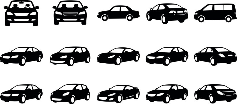 Car silhouette and auto body type icon set featuring black vector icons of sedans hatchbacks minivans and coupes