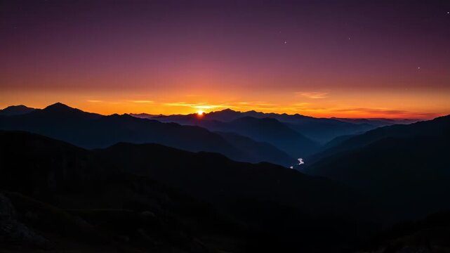 Cinematic sunset over layered mountain silhouettes with glowing sun rays piercing through mist in the valley, featuring a gradient purple and orange sky at golden hour.