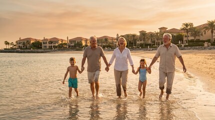 Obraz premium Multi-generational family with grandparents and children walking hand-in-hand along tropical beach at sunset for retirement lifestyle and summer vacation travel