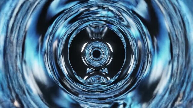 3D render of a floating metallic torus ring on a dark reflective floor, featuring an infinite recursive tunnel of glowing blue light reflections with depth of field background.