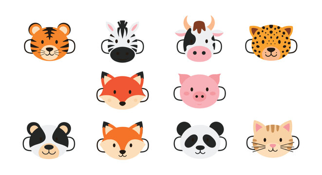 Cute animal face masks set for children featuring a tiger zebra cow leopard fox pig panda and cat for fun party or school activities.