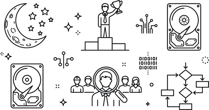Data analytics and human resources line icon set with hard drive podium winner recruitment flowchart moon vector illustration