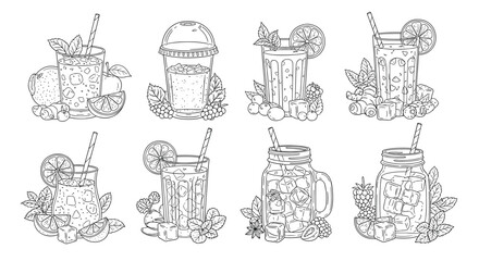 Obraz premium Detailed line art illustrations of eight various refreshing fruit drinks and cocktails in different glassware styles.