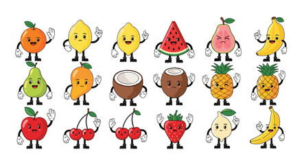 Fototapeta premium Set of fifteen adorable fruit characters with funny expressive faces and playful poses on a white background.