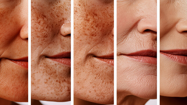 Multi generational skin aging collage, closeups show smile lines, freckles and wrinkle texture across age stages, skincare and antiaging concept, dermatology prevention with sunscreen and hydration.