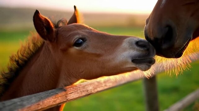 Gentle encounter: foal and horse nose nuzzle at sunrise in peaceful pasture