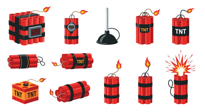 Collection of various dynamite sticks and TNT explosives with timers, fuses, and a plunger on a white background.