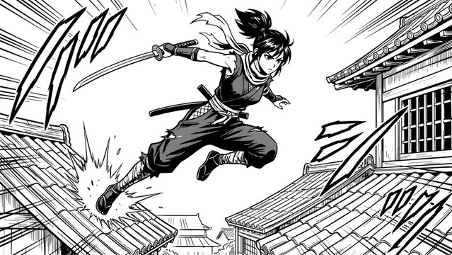 Dynamic Manga Illustration of a Skilled Female Ninja Leaping Across Traditional Japanese Rooftops with Sword Drawn for Action