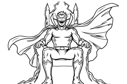 Intricate black and white line art depicting a formidable fantasy character, likely a villain or dark lord, reigning from a grand, imposing throne with a sinister expression, poised to command