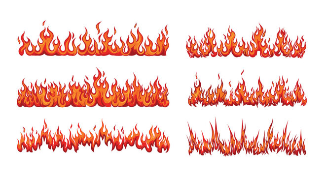 Collection of horizontal flame borders in various styles and intensities for game design, comic art, and digital illustrations.