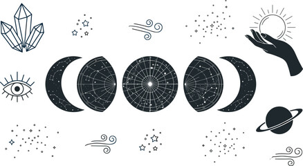 Celestial Moon Phases Collection with Constellations, Crystals, Stars, Cosmic Symbols, and Mystical Astrology Vector Elements © Priyanka