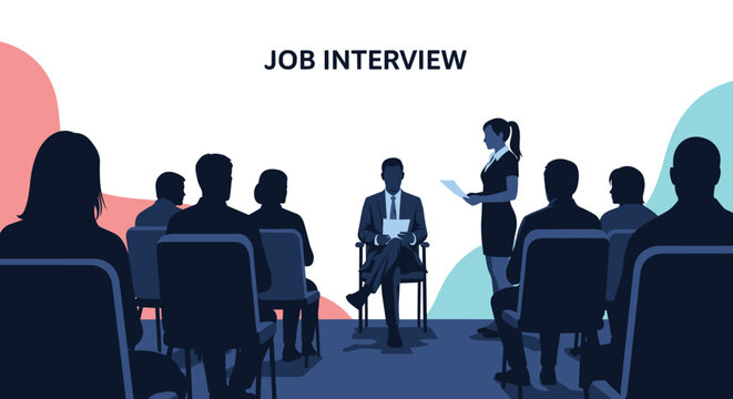 Silhouettes of candidates and interviewers in a job interview setting with a man seated in front of a panel of professional recruiters.