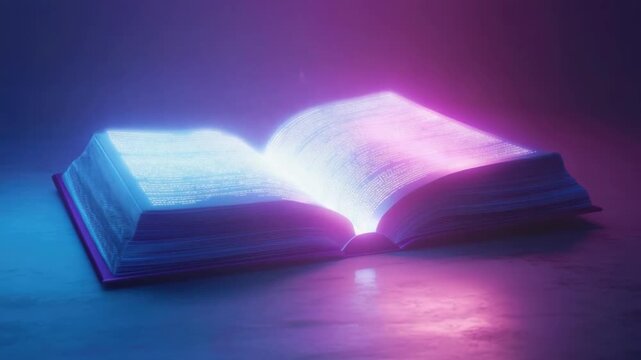Glowing magical book with neon lights in dark environment