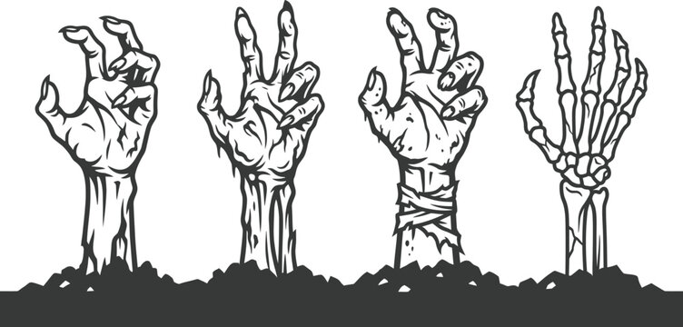 Four zombie hands rising from the ground in black and white illustration isolated on white background
