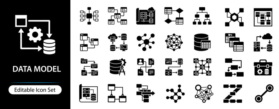 Data Model Solid Icon Set, Database Structure and Information Architecture Icons for Data Management, Analytics Systems and Digital Platforms UI UX Design