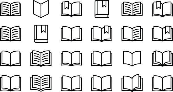 Book and reading line icon set featuring open pages literature textbooks library materials and academic study vectors