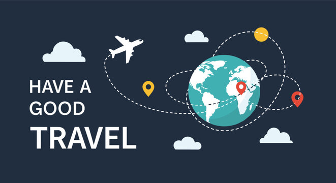 World globe shows international flight paths and location pins with an airplane flying through the clouds to promote travel and tourism.