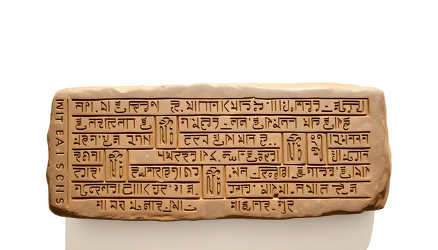 Horizontal rectangular stone block featuring deeply engraved ancient hieroglyphics and pictorial inscriptions across the surface, isolated on a white background.