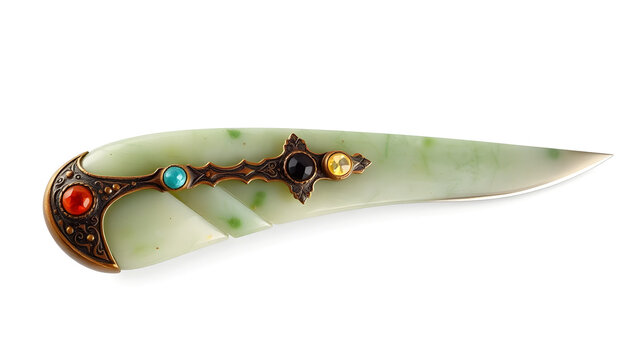 A smooth light green polished nephrite jade stone hairpin ornament, accented with a small brass centerpiece inlay, isolated on a white background.