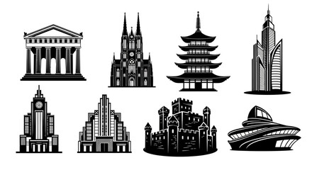 Obraz premium Architectural icons black and white vector illustrations of famous buildings