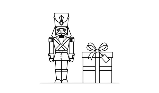Christmas nutcracker soldier standing next to a wrapped gift box present in minimalist line art style