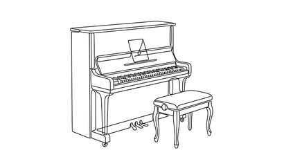Continuous line art illustration of an upright piano and stool with piano lesson classical music instrument © ROP