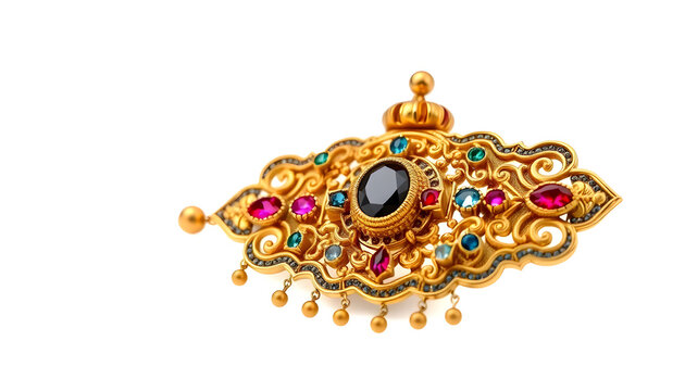 An ornate traditional Indian gold brooch jewelry piece featuring intricate filigree work, embedded with a central black gemstone and multiple small colorful ruby red accents, isolated on a white backg
