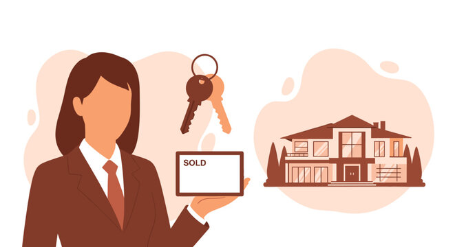 A female real estate agent in a brown suit showcases a sold sign and set of keys next to a graphic of a house on a warm peach background with soft lighting.