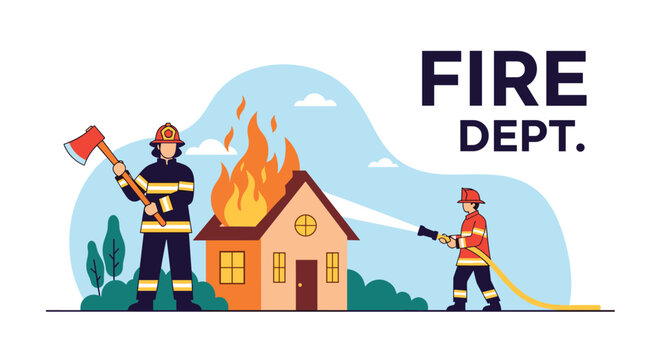 Firefighters work together using a water hose and an axe to fight a fire at a small house under a clear sky with soft clouds.