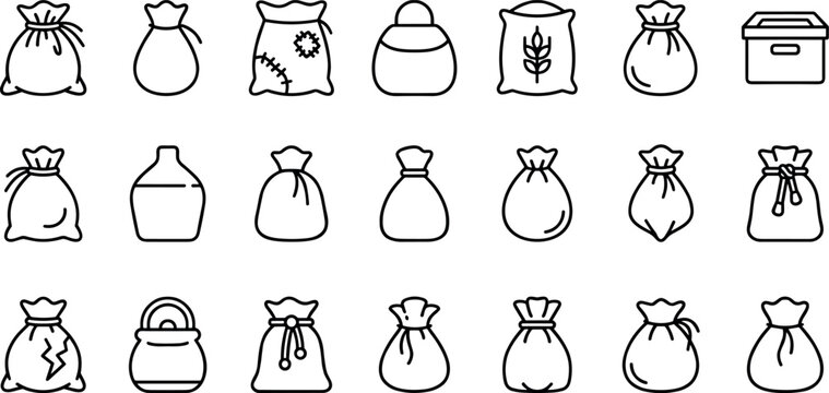 Burlap sack and fabric bag packaging line icon set featuring agriculture grain sacks flour pouches textile containers pockets patches strings and storage boxes