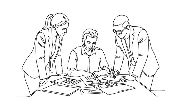 Continuous line drawing of a business team focused on reviewing financial documents and data analysis reports