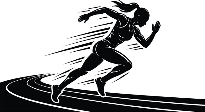 Female athlete running fast on running track lane, dynamic black and white vector silhouette woman sprinter sprinting for championship athletic competition tournament marathon