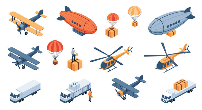 Collection of isometric transportation icons featuring vintage biplanes dirigibles delivery helicopters and cargo trucks for logistics.