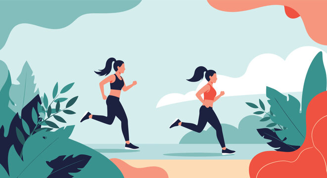 Two athletic women in sportswear enjoy a morning run through a lush green park during their daily fitness routine together.