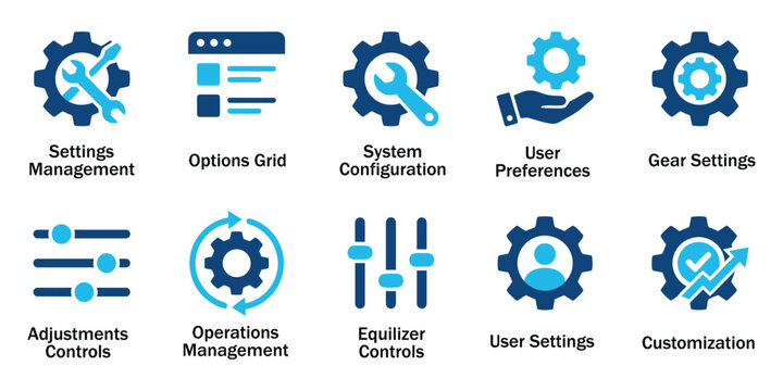 Settings and System Configuration Solid Icons. Vector Illustration of Flat Blue Management, Options Grid, User Preferences, Equalizer Controls, and Customization Technology.