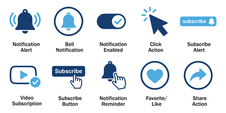 Social Media Interaction and Subscription Solid Icons. Vector Illustration of Flat Blue Notification, Subscribe Button, Click, Like, and Share Action Technology.