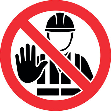 Prohibition sign with hard hat and hand gesture icon