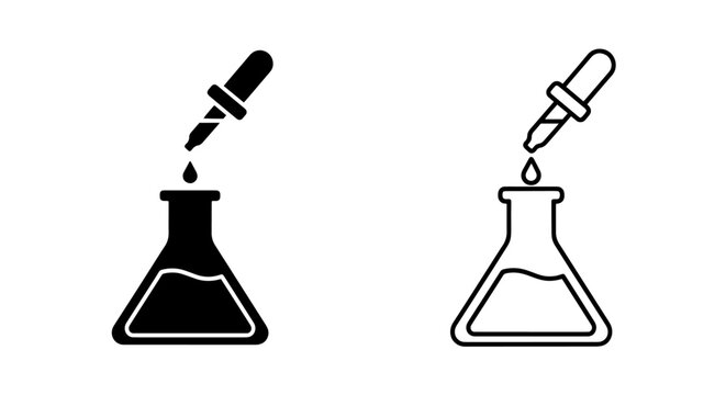 Scientific dropper dispensing liquid drop into erlenmeyer flask icon vector