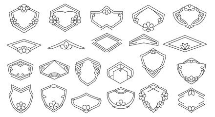 Fototapeta premium An array of twenty-four various shield, diamond, and hexagonal shaped frames features subtle petal accents and clean black line-art designs on a light background.