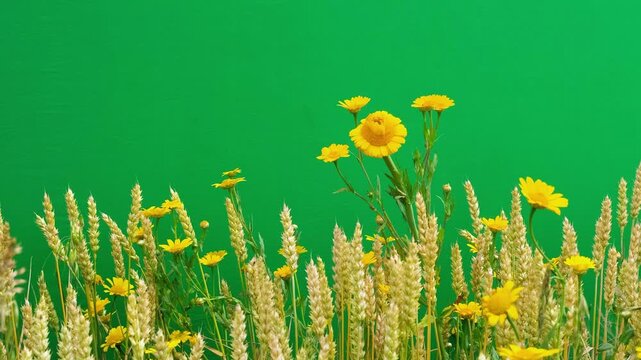 Yellow flowers and wheat swaying on green screen with birds singing.