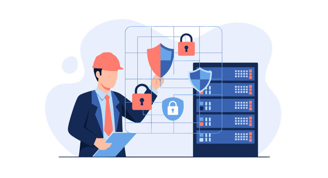 A professional man wearing a formal suit and a hard hat holds a clipboard while managing a digital security interface containing shield and lock symbols.