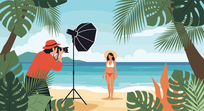 Professional photographer uses high end camera and lighting equipment to take a swimsuit photo of a model on a tropical beach.