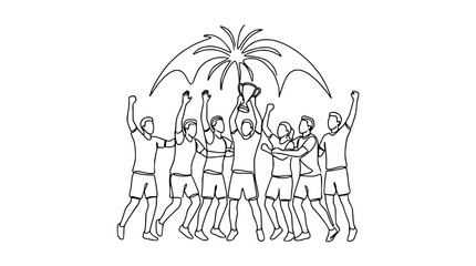 Fototapeta premium Team Celebration Winning Trophy, Outline Drawing, Sports Victory, Success, Happiness, Fireworks