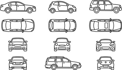 Car body types line icon set featuring sedan hatchback suv wagon views from side front top and back vectors © MstSumaya
