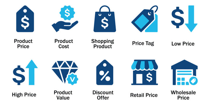 Pricing and Shopping Solid Icons for E-commerce Business. Vector Illustration of Flat Blue Product Price, Product Cost, Discount Offer, Retail Price, and Wholesale Price Technology.