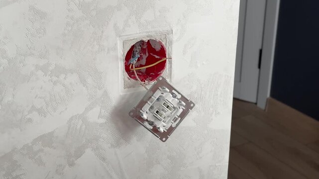 Process of installing light switch mechanism. Protruding wires