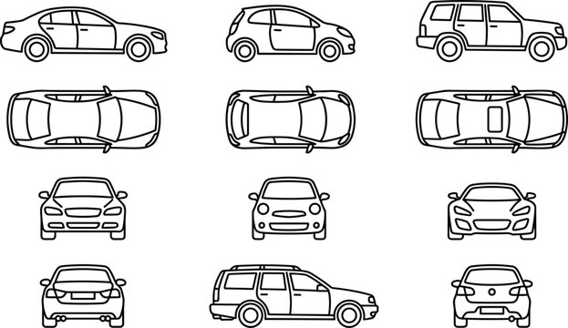 Car body types line icon set featuring sedan hatchback suv wagon views from side front top and back vectors